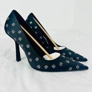Alexander Wang Delphine Black Satin Crystal Logo Stiletto Pumps Heels 4” 39.5